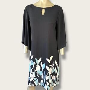 Dana Buchman Floral 3/4 Bell Sleeves Stretchy Shift Dress Pullover Size M Black